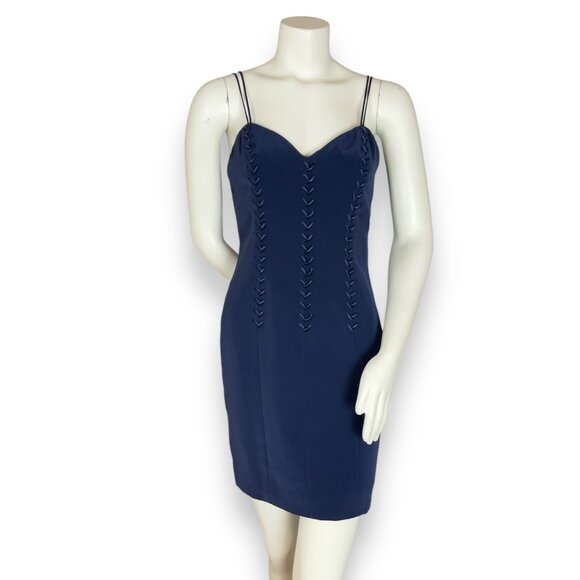 Vintage Niteline Della Roufogali Cocktail Dress Navy Blue Lace-Up Front 90s Mini - Picture 1 of 12
